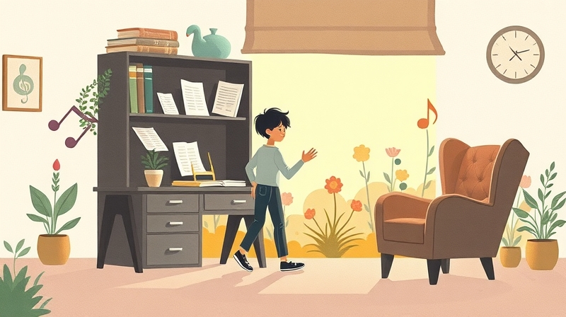 Osoba wychodzi zza biurka w stronę kwitnącego ogrodu, otoczona symbolami pasji i odpoczynku.