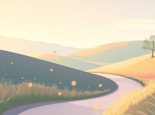 Ścieżka przez pastelowy krajobraz z subtelnie pojawiającymi się, świecącymi kulami światła.
