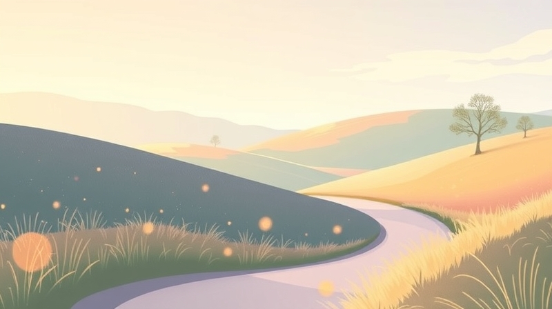 Ścieżka przez pastelowy krajobraz z subtelnie pojawiającymi się, świecącymi kulami światła.