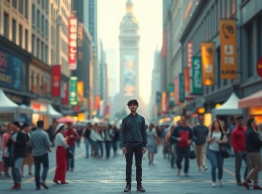 Postać w pastelowym tłumie, w spokojnej bańce, odczuwa melancholijną samotność.