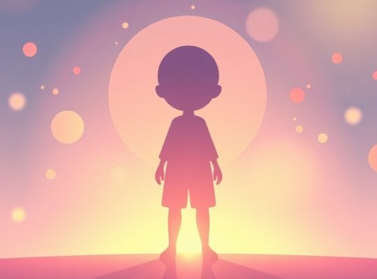 Stylizowana sylwetka z aurą otoczona barwnymi kształtami symbolizującymi wpływ opinii grupy.