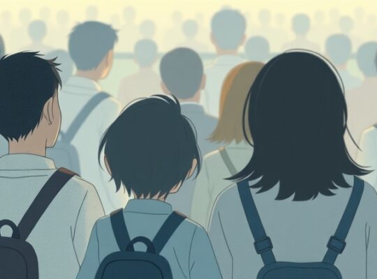 Delikatna ilustracja z figurkami wycofanymi w tłumie.