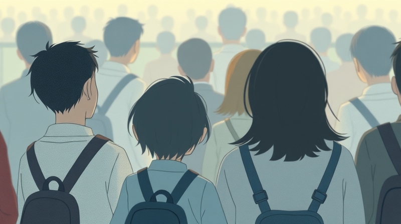 Delikatna ilustracja z figurkami wycofanymi w tłumie.