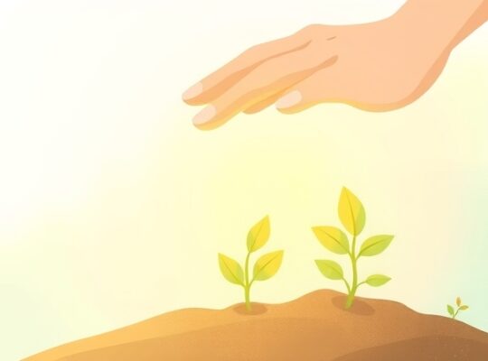 Delikatne, świetliste kiełki pod opieką dłoni, symbolizujące rozwój pod wpływem pozytywnych oczekiwań.