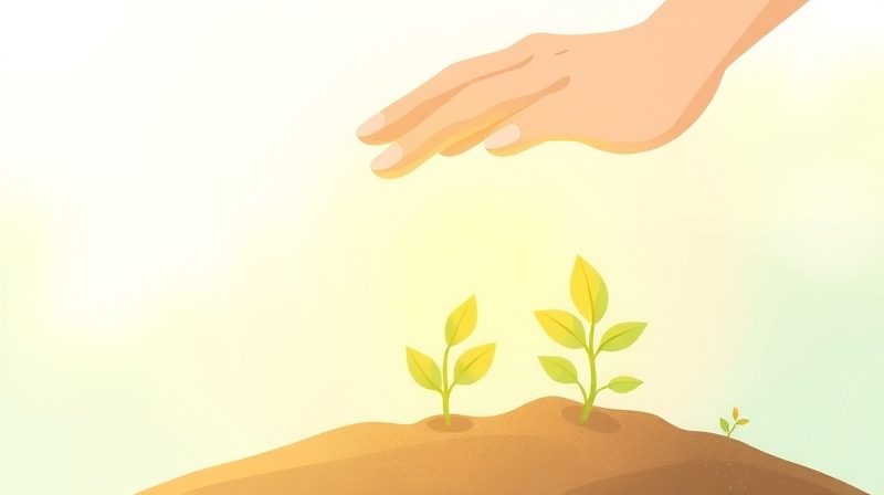 Delikatne, świetliste kiełki pod opieką dłoni, symbolizujące rozwój pod wpływem pozytywnych oczekiwań.