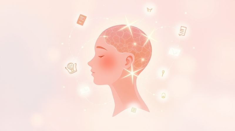 Miękka ilustracja: myśl, światło i kontekst, połączone w kojący sposób.