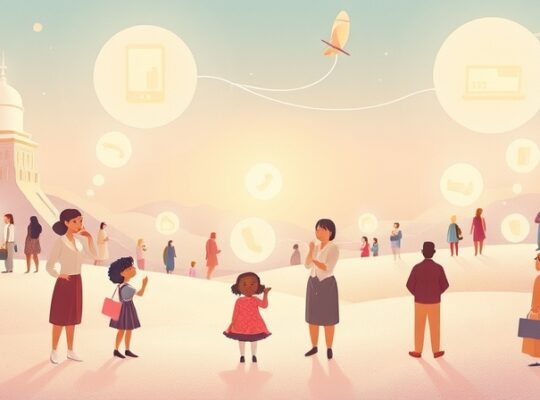 Łagodny krajobraz z postaciami nawiązującymi do idei świadomych wyborów i wpływu społecznego.