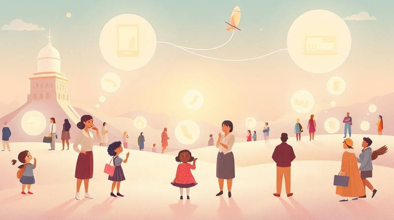 Łagodny krajobraz z postaciami nawiązującymi do idei świadomych wyborów i wpływu społecznego.