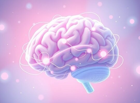 Eteryczny mózg z siecią neuronów i delikatnymi fioletowymi impulsami.