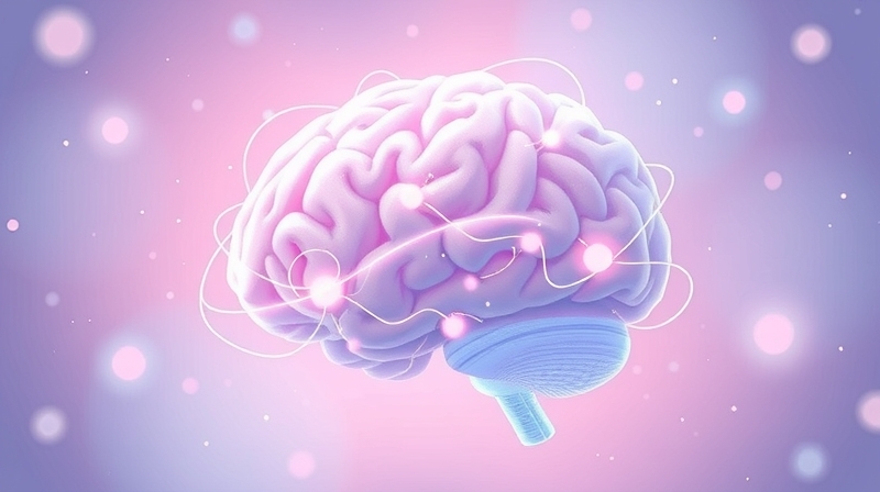 Eteryczny mózg z siecią neuronów i delikatnymi fioletowymi impulsami.