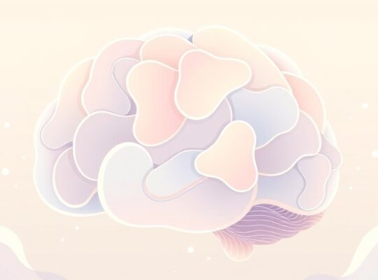 Abstrakcyjny mózg z pastelowymi falami endorfin, symbolizujący spokój i regulację emocji.