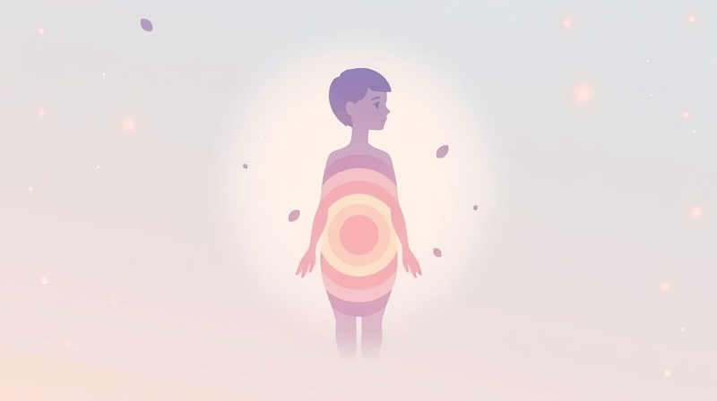 Stylizowana sylwetka człowieka z wirującymi kolorami, symbolizująca spokój i wewnętrzną równowagę.