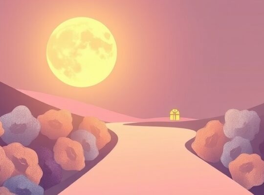 Ilustracja: świecący księżyc nad ścieżką, symbolizujący rytm dobowy i sen.