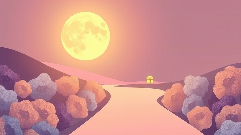 Ilustracja: świecący księżyc nad ścieżką, symbolizujący rytm dobowy i sen.