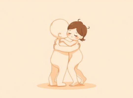 Subtelne, pastelowe postacie w uścisku symbolizują więź, spokój i bezpieczeństwo.