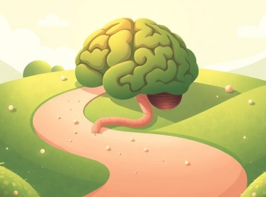 Pastelowa ścieżka przez jelita-mózg, świecące probiotyki.