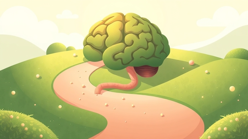 Pastelowa ścieżka przez jelita-mózg, świecące probiotyki.