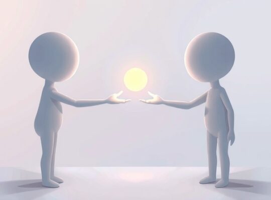 Dwie łagodne postacie łączą się, tworząc świetlisty most, symbolizujący wzajemny szacunek.