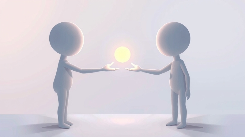 Dwie łagodne postacie łączą się, tworząc świetlisty most, symbolizujący wzajemny szacunek.