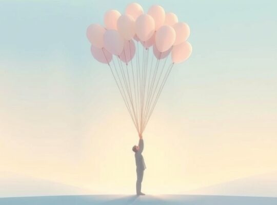 Postać uwalnia blade balony unoszące się w mglistym, pastelowym niebie.