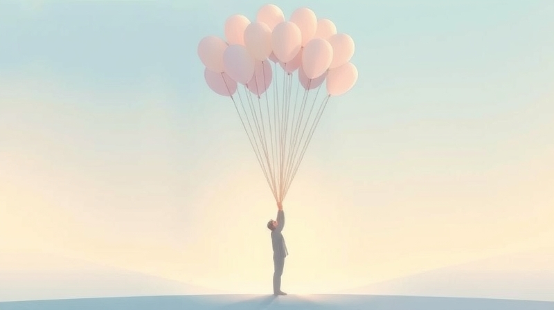Postać uwalnia blade balony unoszące się w mglistym, pastelowym niebie.