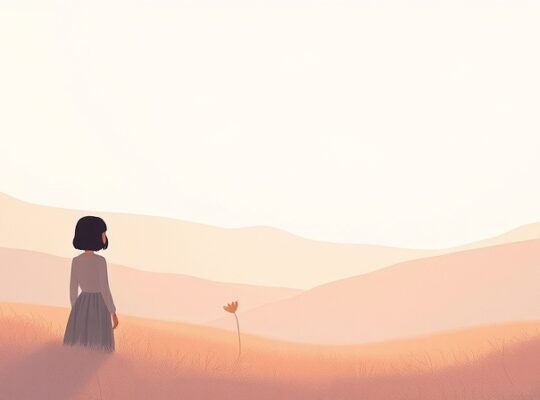 Senna, pastelowa ilustracja: postać za mglistą zasłoną, przebijające promienie słońca, kwitnący kwiat.