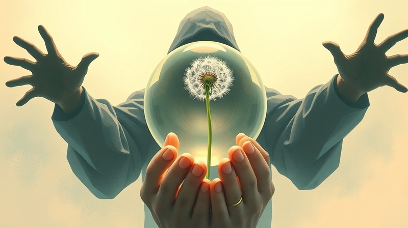 Jedno mlecze ziarno chronione w świetlistej kuli przed cienistymi dłońmi.