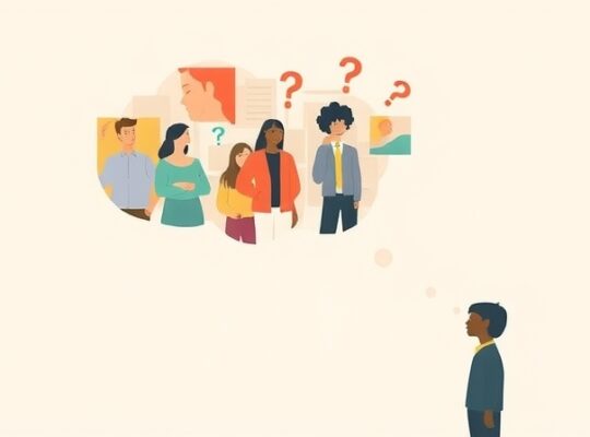 Chmurka myśli nad stylizowaną postacią, z fragmentami twarzy i symbolami oceniania.