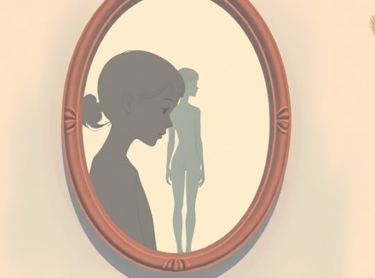 Zdeformowane odbicie w lustrze, pastelowe kolory, subtelne zmiany, idealizacja.