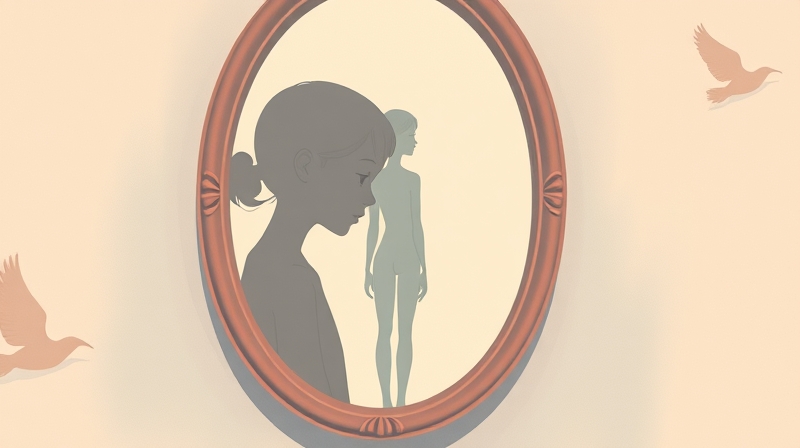 Zdeformowane odbicie w lustrze, pastelowe kolory, subtelne zmiany, idealizacja.