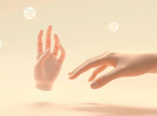 Ręka ludzka i gumowa łączą się, reprezentując percepcję ciała.