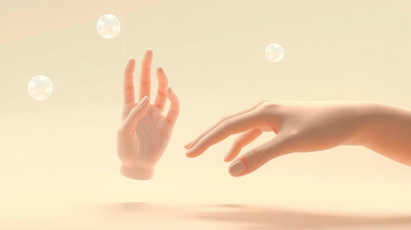 Ręka ludzka i gumowa łączą się, reprezentując percepcję ciała.