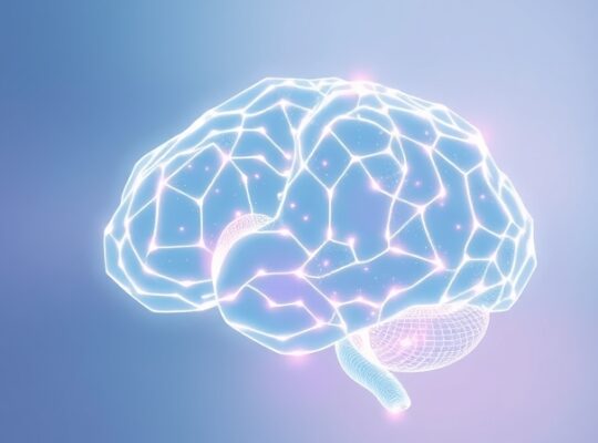 Luminiscencyjna sieć komórek hipokampa, symbolizująca mapę pamięci przestrzennej.