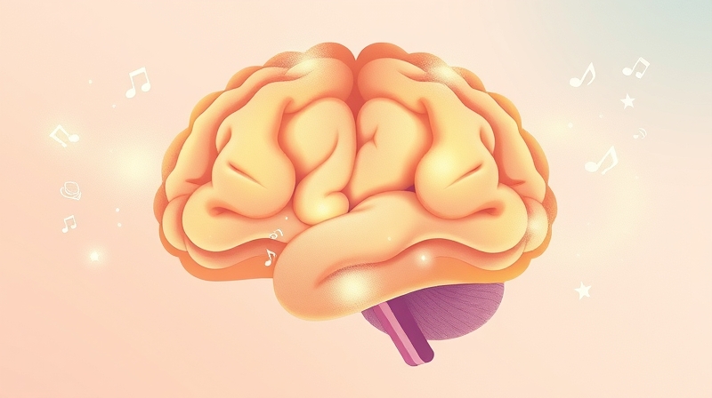 Stylizowany mózg, pastelowe fale świetlne przekształcają się w symbole dźwięku i znaczeń.