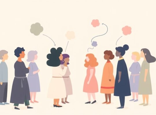 Abstrakcyjne postacie połączone nićmi, jedna izolowana, sugeruje różnicę zdań.