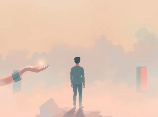 Sylwetka przed mgłą wskazuje na delikatną dłoń z lśniącą kulą.