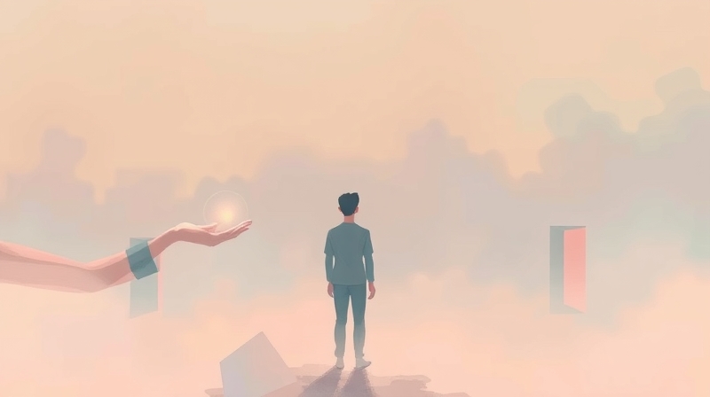 Sylwetka przed mgłą wskazuje na delikatną dłoń z lśniącą kulą.