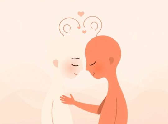 Delikatna ilustracja pastelowa: pary objęte, ich głowy stykają się, łącząc linie.