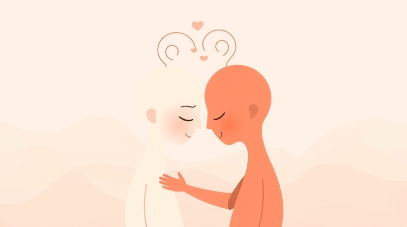 Delikatna ilustracja pastelowa: pary objęte, ich głowy stykają się, łącząc linie.