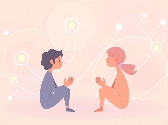 Abstrakcyjne postacie w pastelach symbolizują empatyczną rozmowę i połączenie neuronalne.