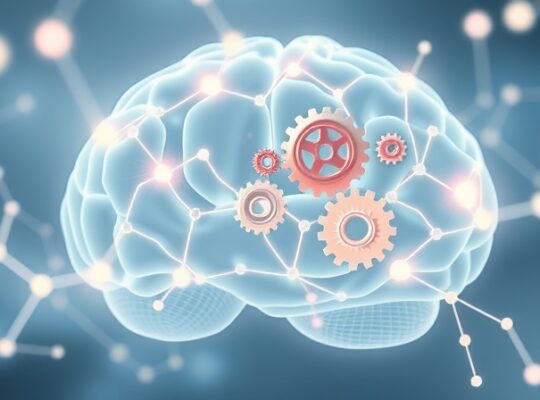 Lśniąca sieć mózgu z pastelowymi, poruszającymi się trybikami.