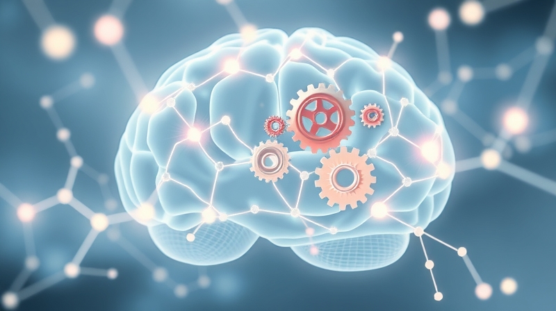 Lśniąca sieć mózgu z pastelowymi, poruszającymi się trybikami.