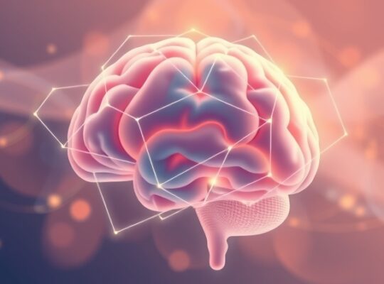 Eteryczny mózg w głębokiej medytacji, pastelowe kolory, świecące linie połączeń neuronowych.