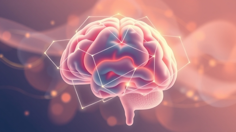 Eteryczny mózg w głębokiej medytacji, pastelowe kolory, świecące linie połączeń neuronowych.