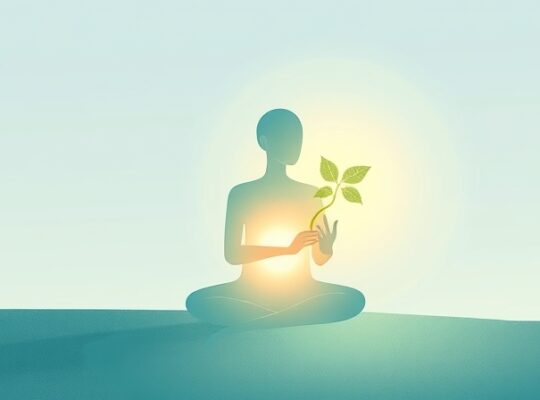 Abstrakcyjna postać dba o lśniący kiełek, symbolizując dbanie o siebie w trosce o innych.