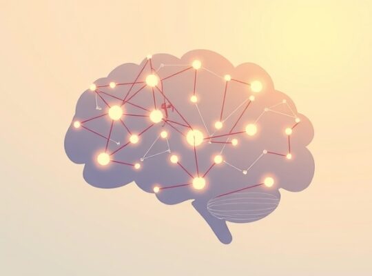 Abstrakcyjny mózg w pastelach, z podświetlonymi ścieżkami neuronalnymi i cząsteczkami witaminy A.