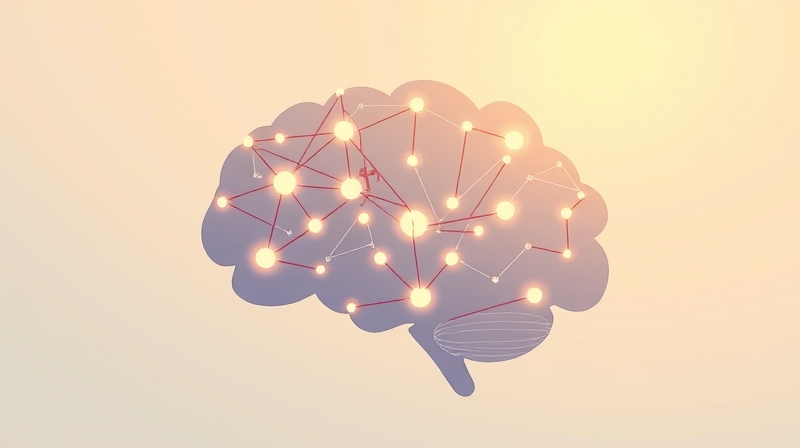 Abstrakcyjny mózg w pastelach, z podświetlonymi ścieżkami neuronalnymi i cząsteczkami witaminy A.