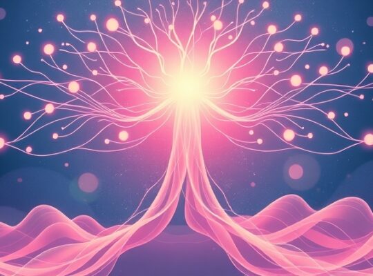 Stylizowany pień mózgu emituje fale oddechu, harmonizując z płucami i nerwami.