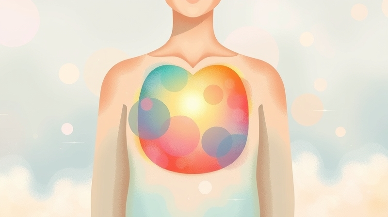 Emocjonalne, pastelowe serce emanujące światłem wśród delikatnych form.