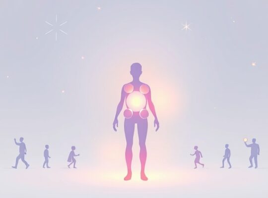 Stylizowana sylwetka z jaśniejących kul, otoczona łagodnymi zarysami ścieżek życia.